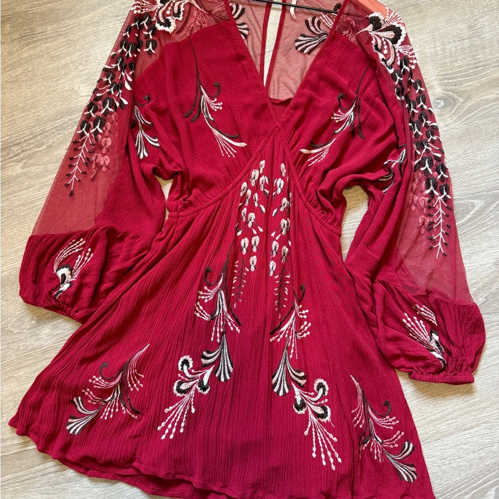 FREE PEOPLE Elegant Red Embroidered Dress, Size XS - Picture 4 of 12